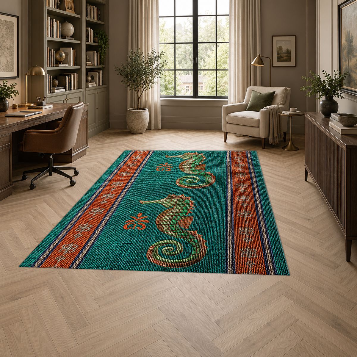 Teal Seahorse Striped Runner printed area rug