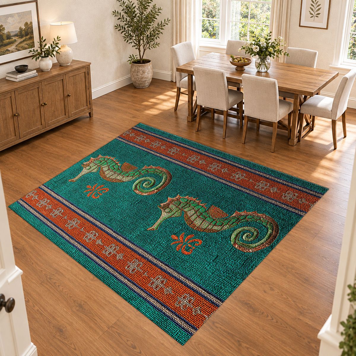 Teal Seahorse Striped Runner printed area rug