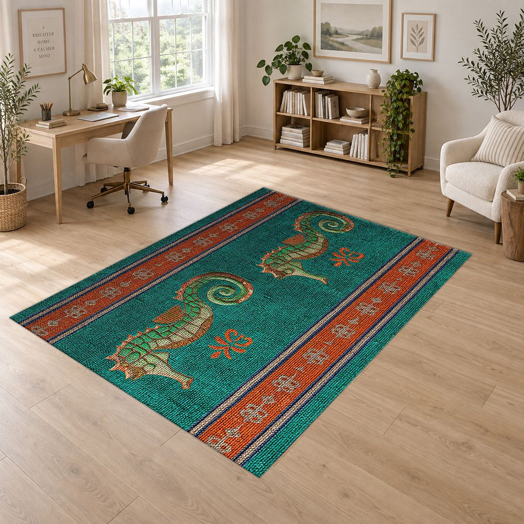 Teal Seahorse Striped Runner printed area rug