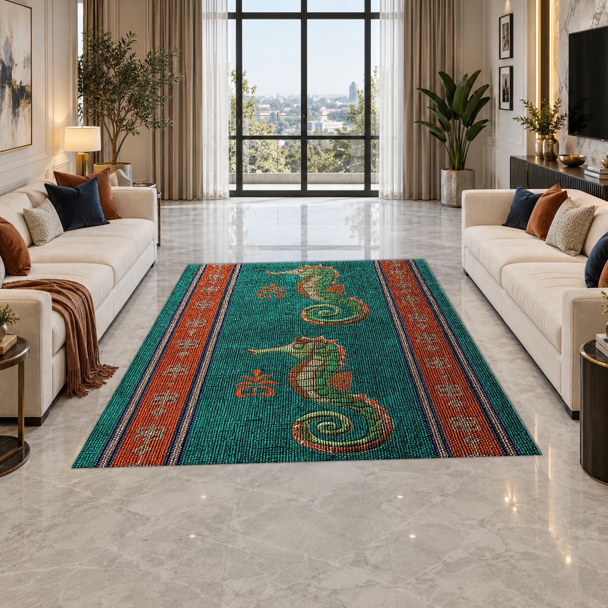 Teal Seahorse Striped Runner printed area rug