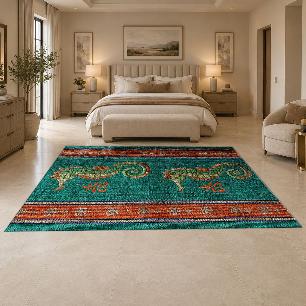 Teal Seahorse Striped Runner printed area rug