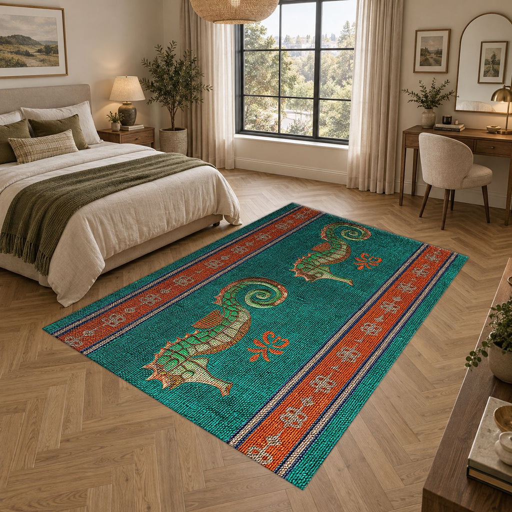Teal Seahorse Striped Runner printed area rug