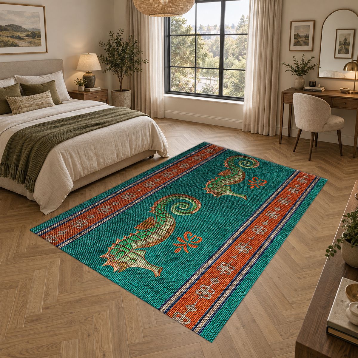 Teal Seahorse Striped Runner printed area rug