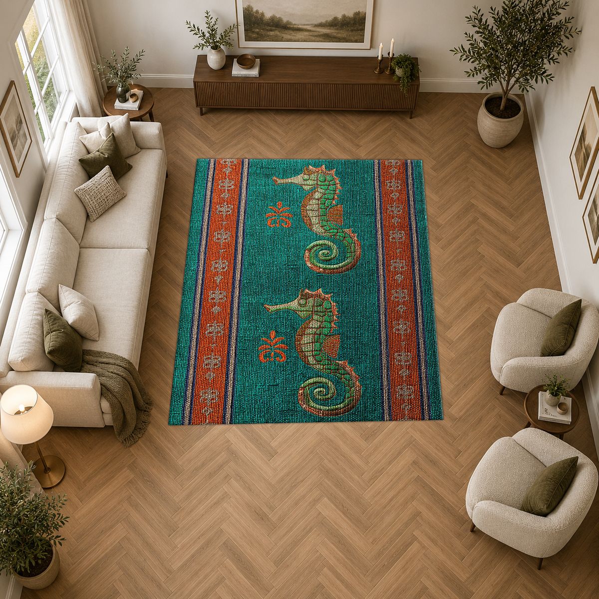 Teal Seahorse Striped Runner printed area rug