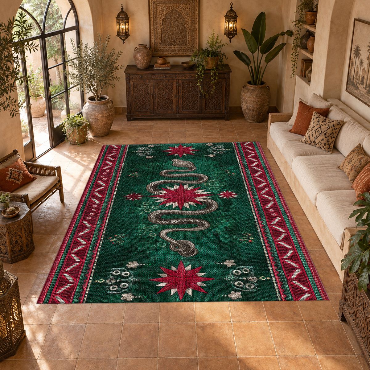 Emerald Snake Folk Border printed area rug