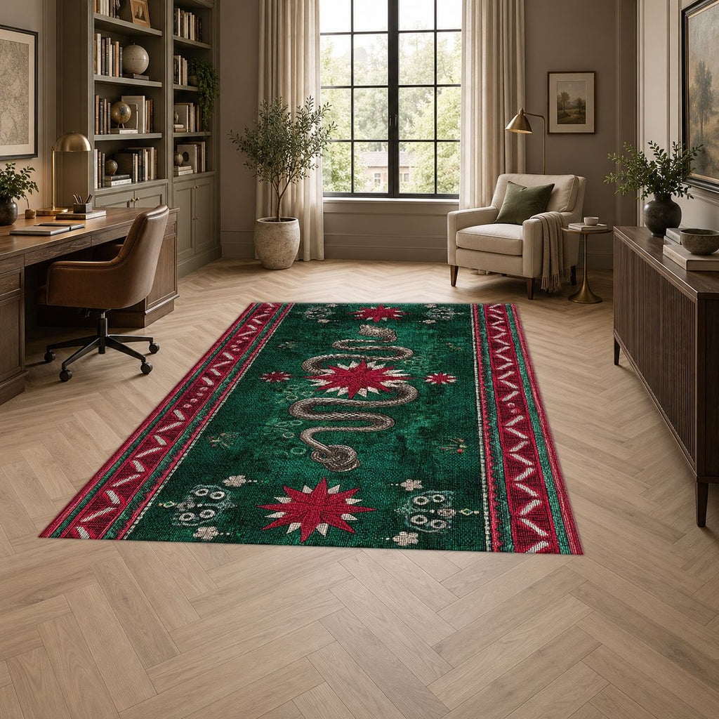 Emerald Snake Folk Border printed area rug