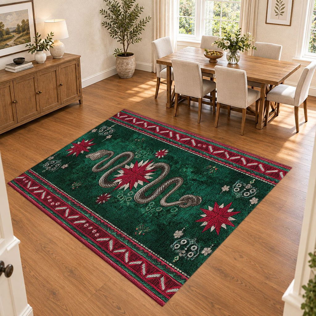 Emerald Snake Folk Border printed area rug