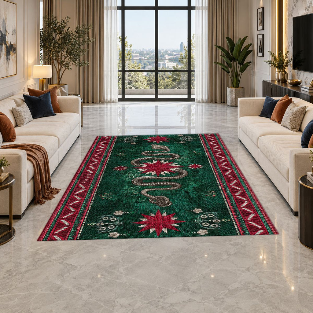 Emerald Snake Folk Border printed area rug