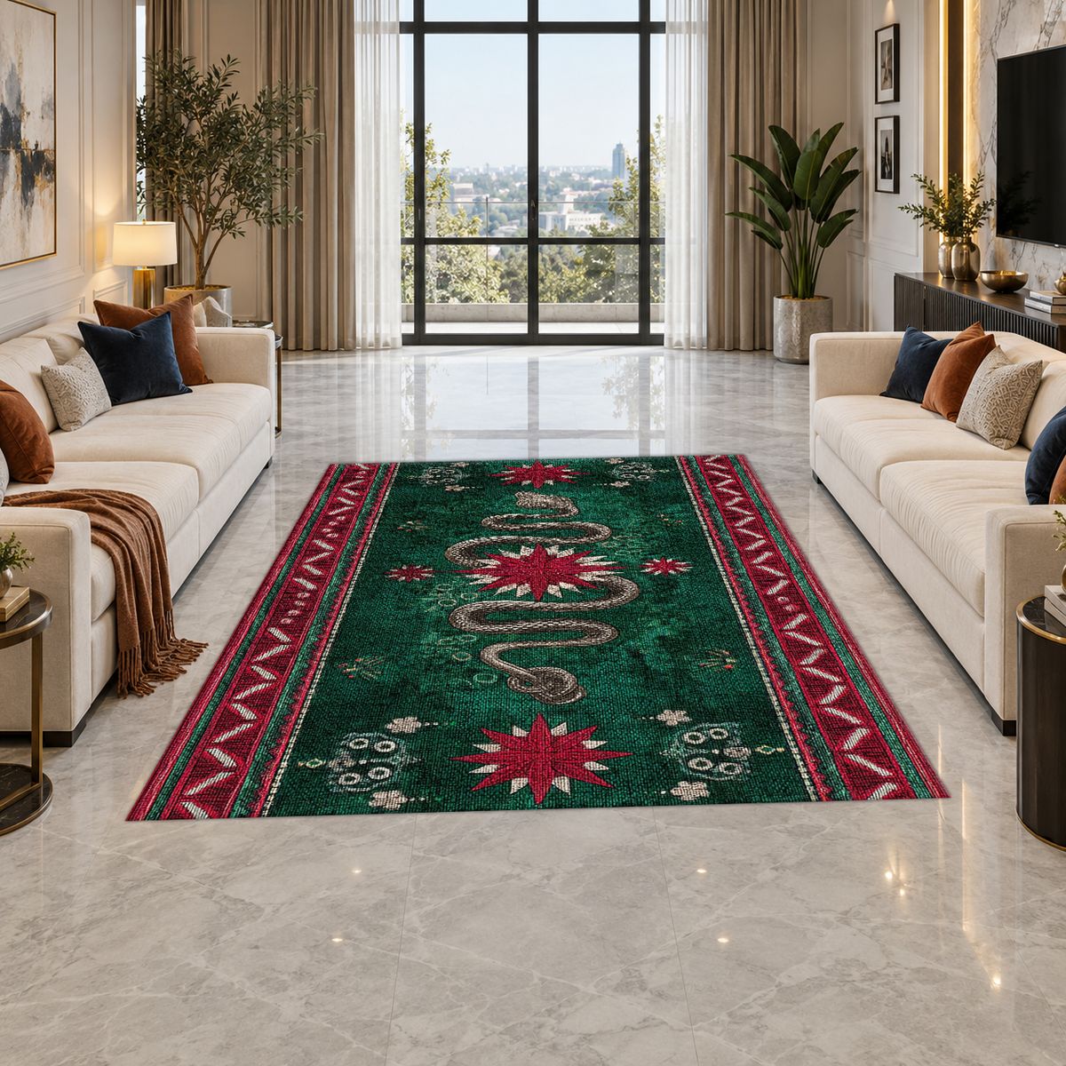 Emerald Snake Folk Border printed area rug