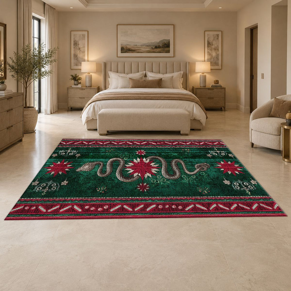 Emerald Snake Folk Border printed area rug