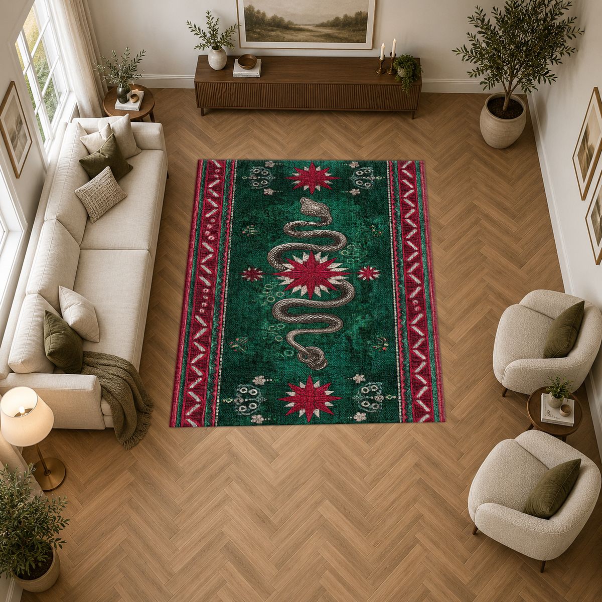 Emerald Snake Folk Border printed area rug
