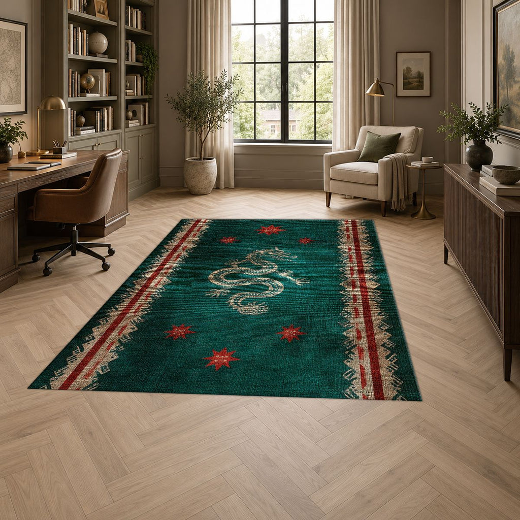 Dark Teal Dragon Runner printed area rug