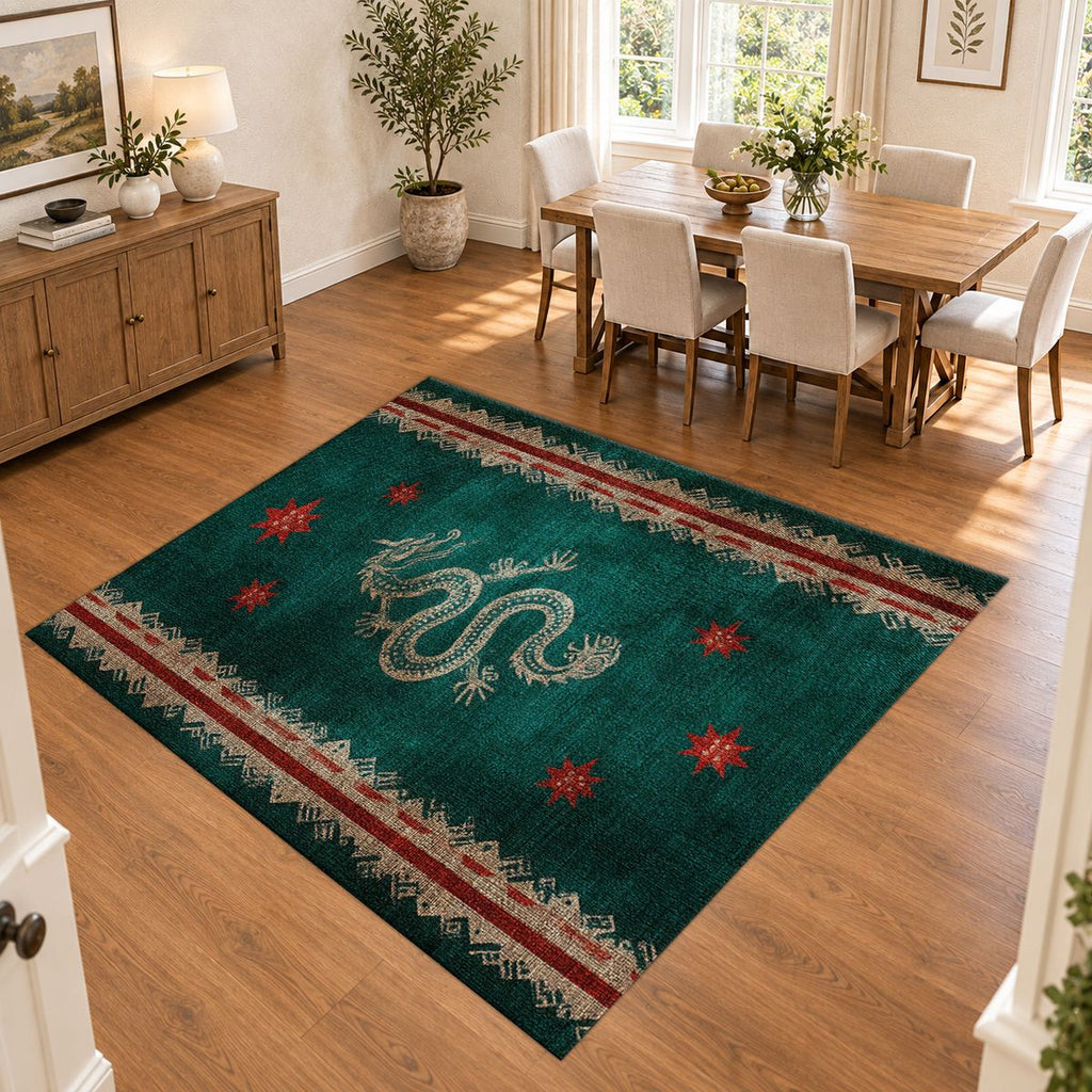 Dark Teal Dragon Runner printed area rug