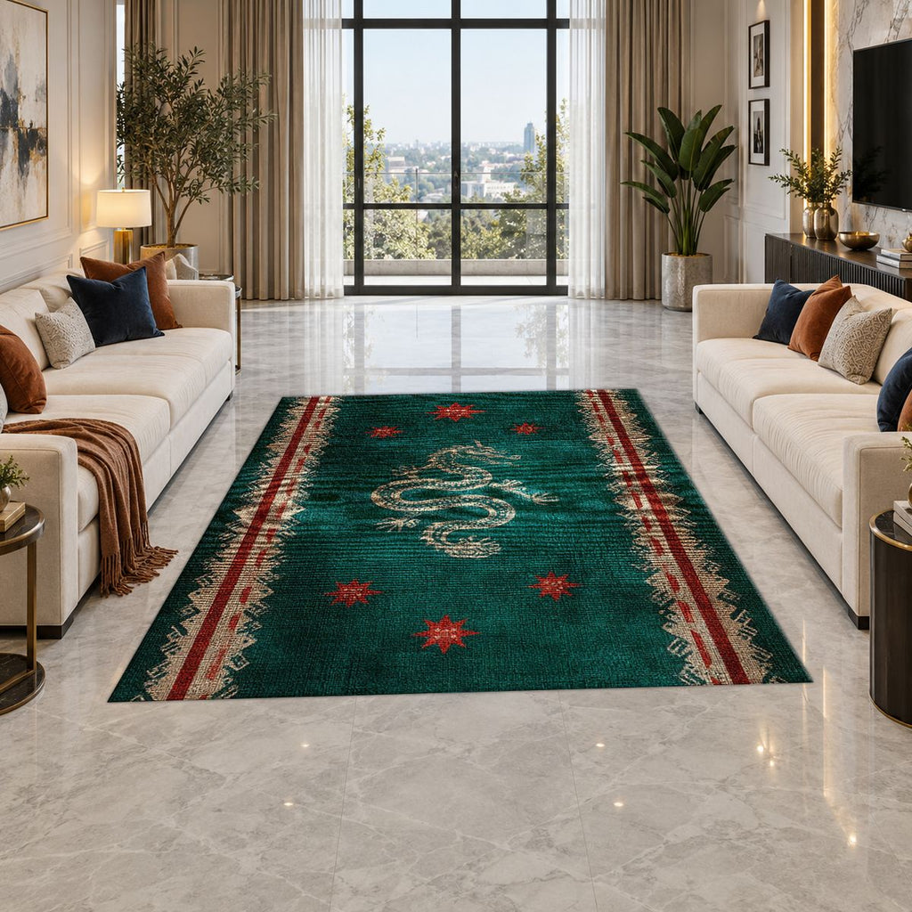 Dark Teal Dragon Runner printed area rug
