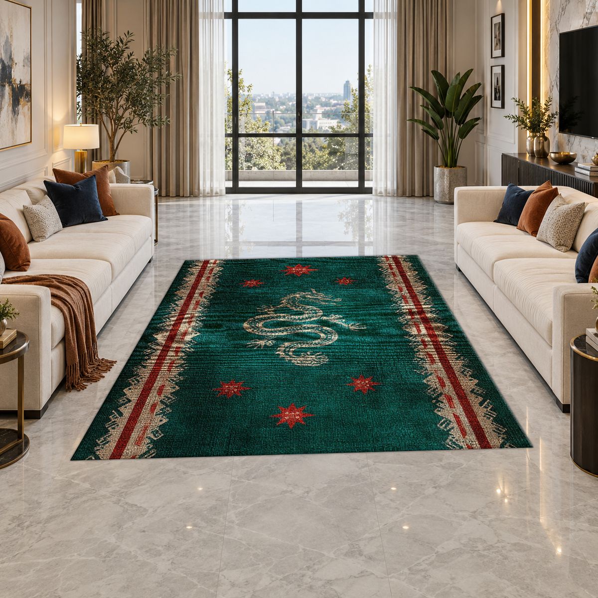 Dark Teal Dragon Runner printed area rug