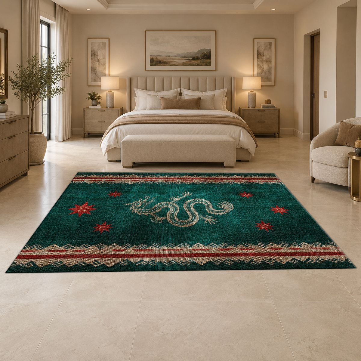 Dark Teal Dragon Runner printed area rug