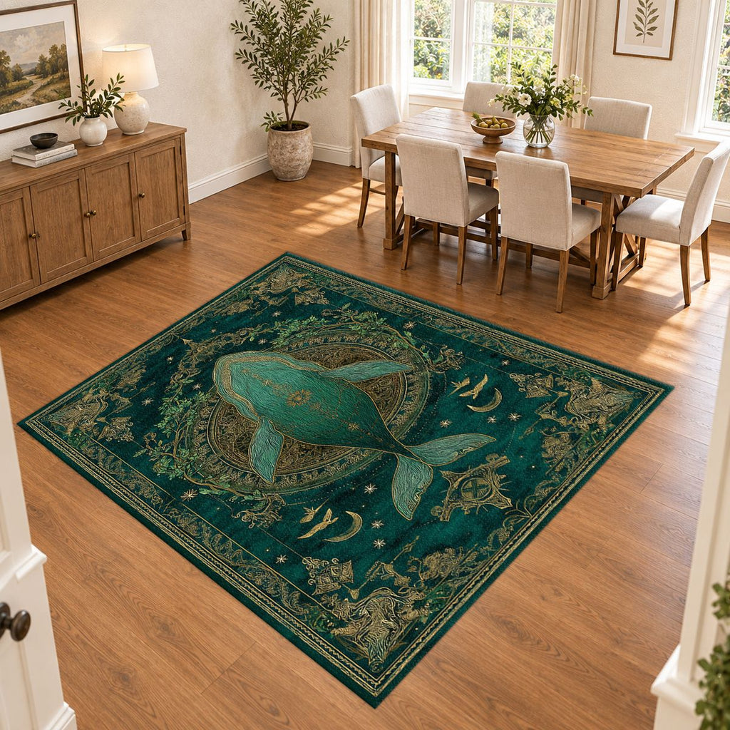Teal Whale Celestial Medallion printed area rug