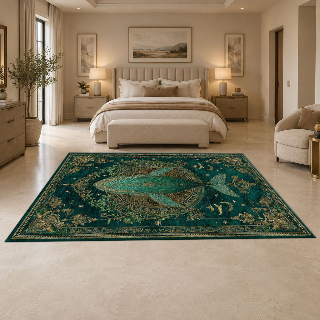 Teal Whale Celestial Medallion printed area rug