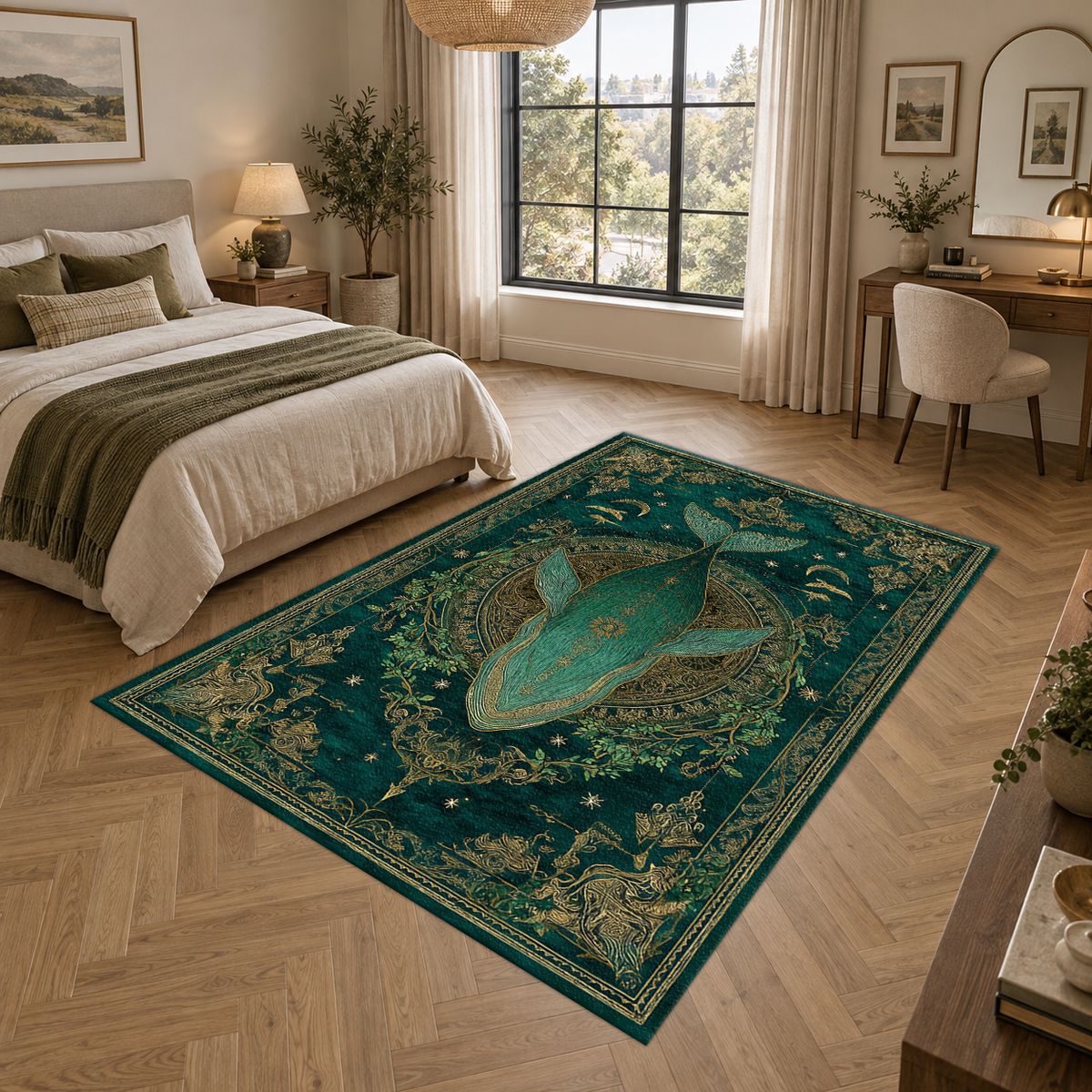 Teal Whale Celestial Medallion printed area rug