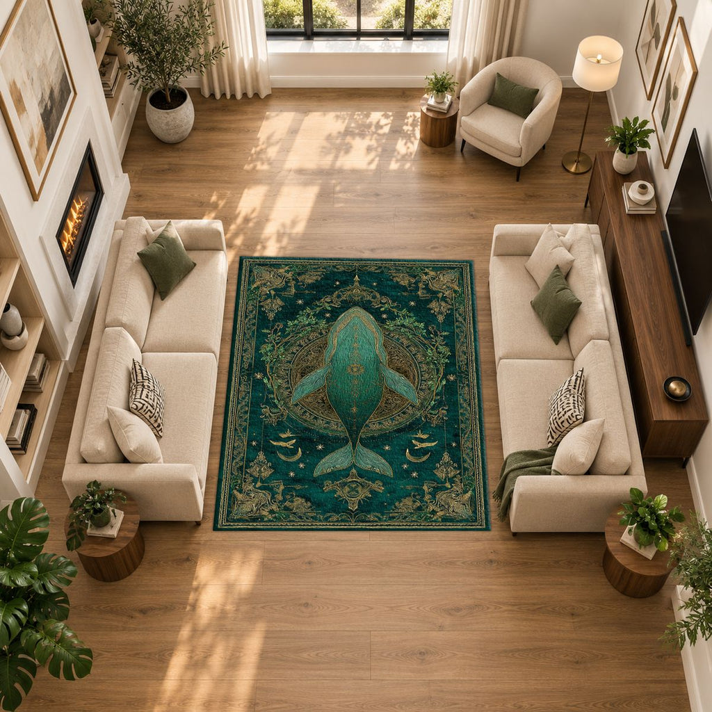 Teal Whale Celestial Medallion printed area rug