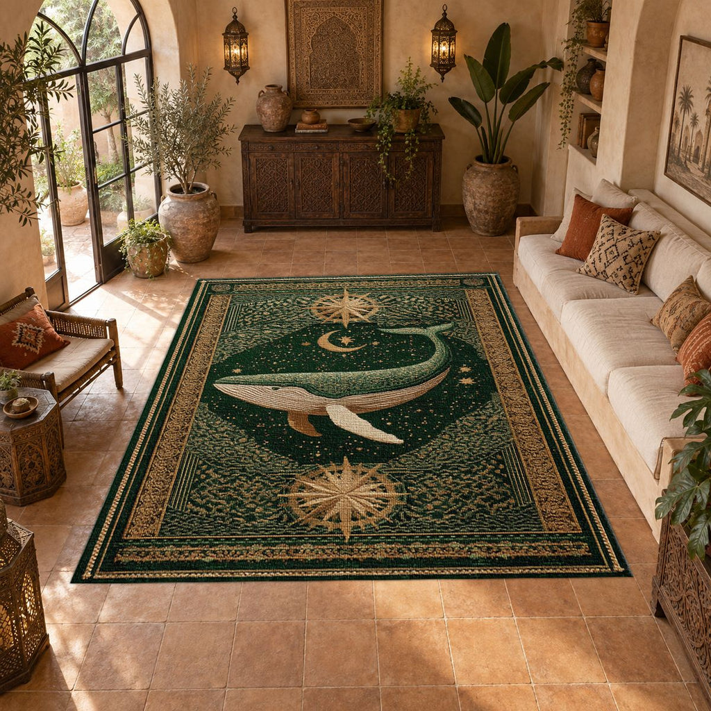 Green Whale Starry Night printed area rug