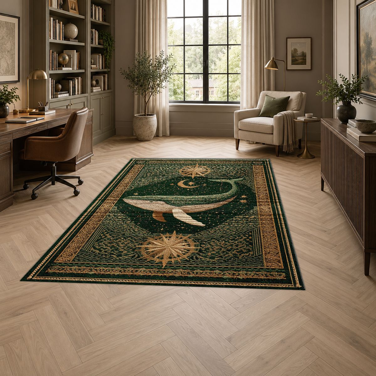 Green Whale Starry Night printed area rug