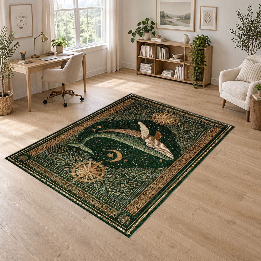Green Whale Starry Night printed area rug