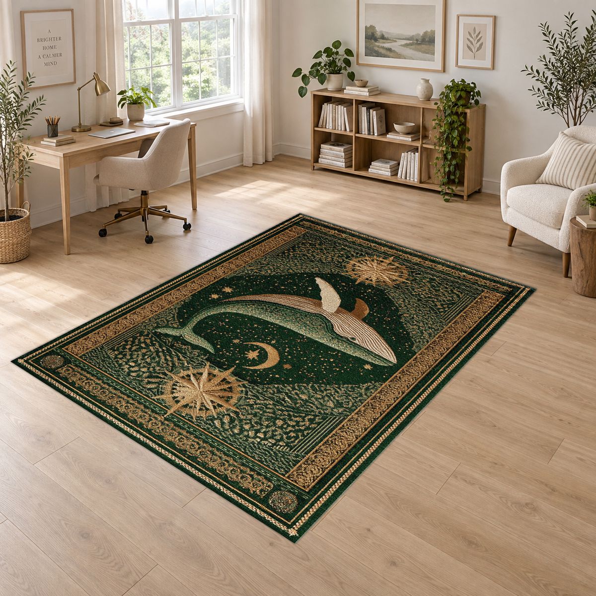 Green Whale Starry Night printed area rug