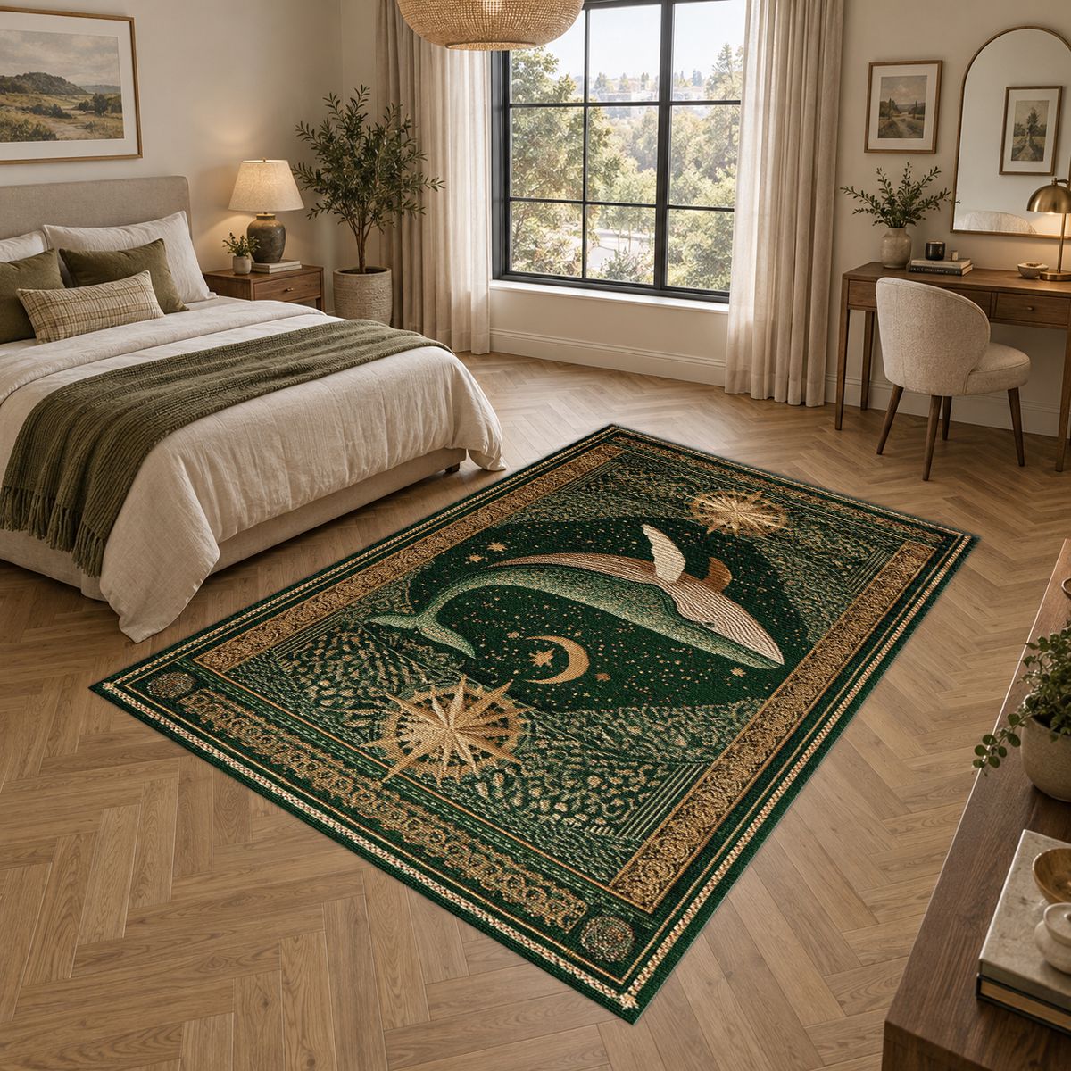 Green Whale Starry Night printed area rug