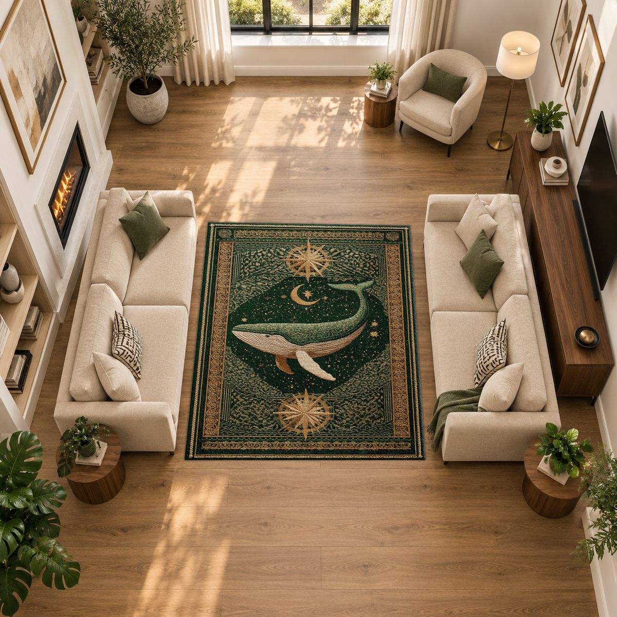 Green Whale Starry Night printed area rug