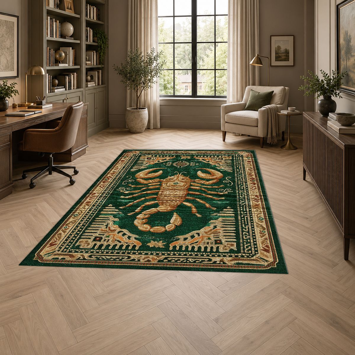 Golden Scorpion Emerald printed area rug