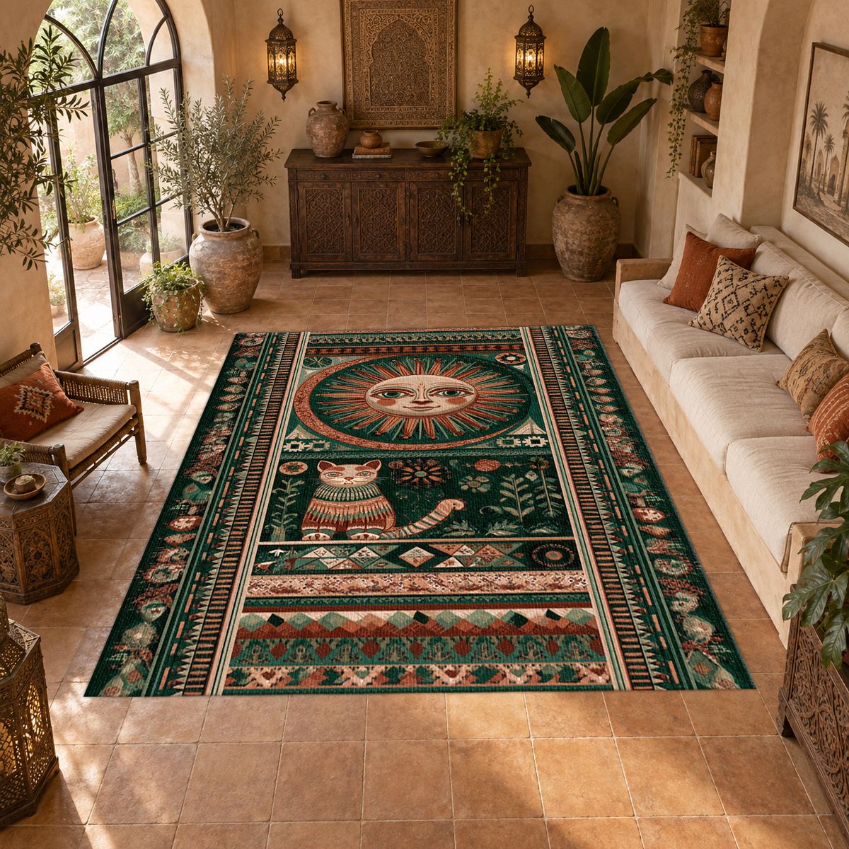 Folk Sun Face and Cat printed area rug