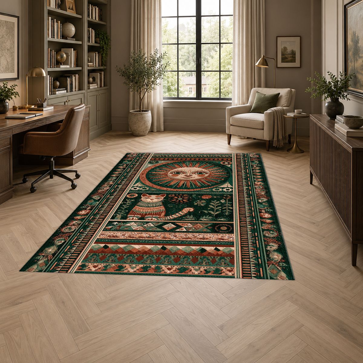 Folk Sun Face and Cat printed area rug