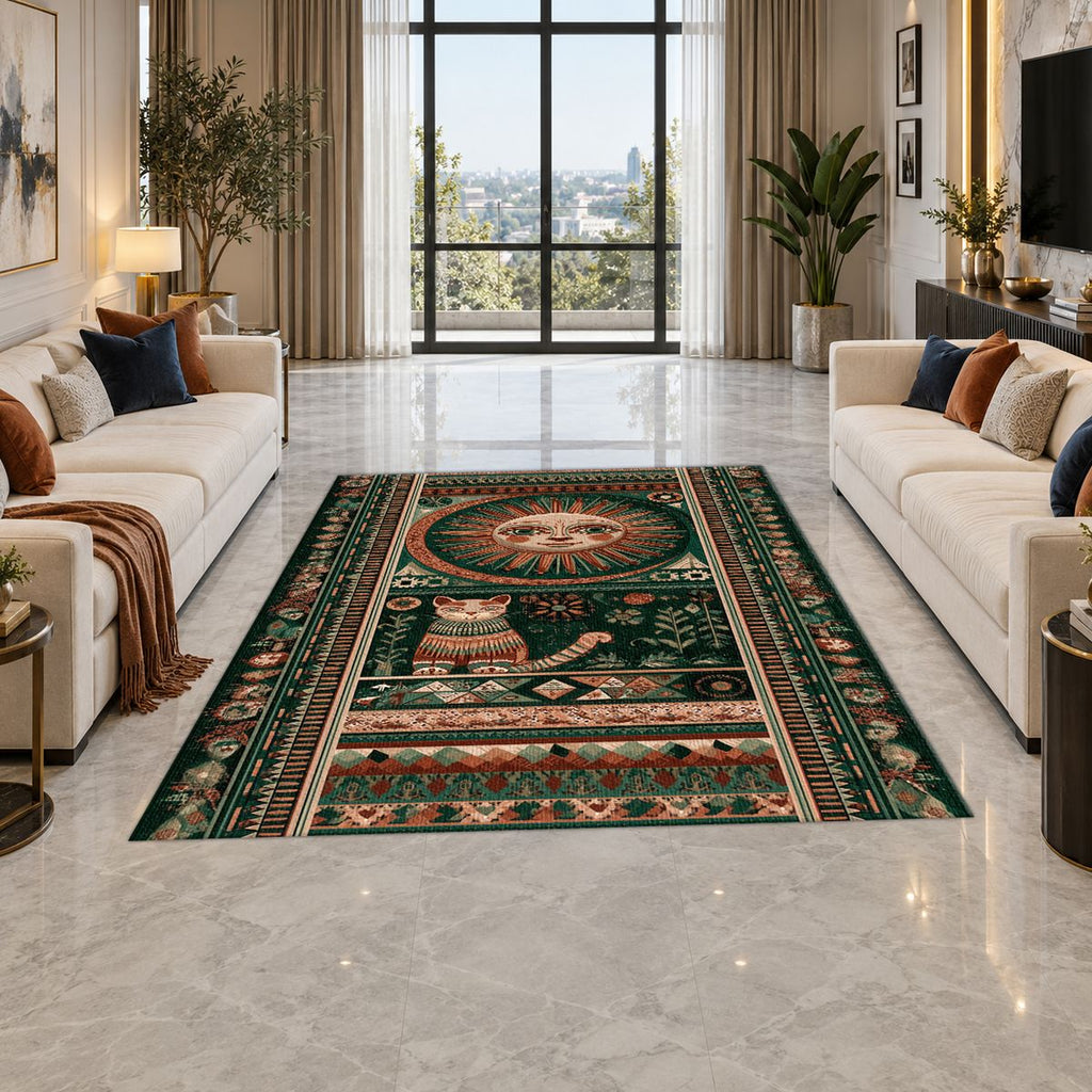 Folk Sun Face and Cat printed area rug