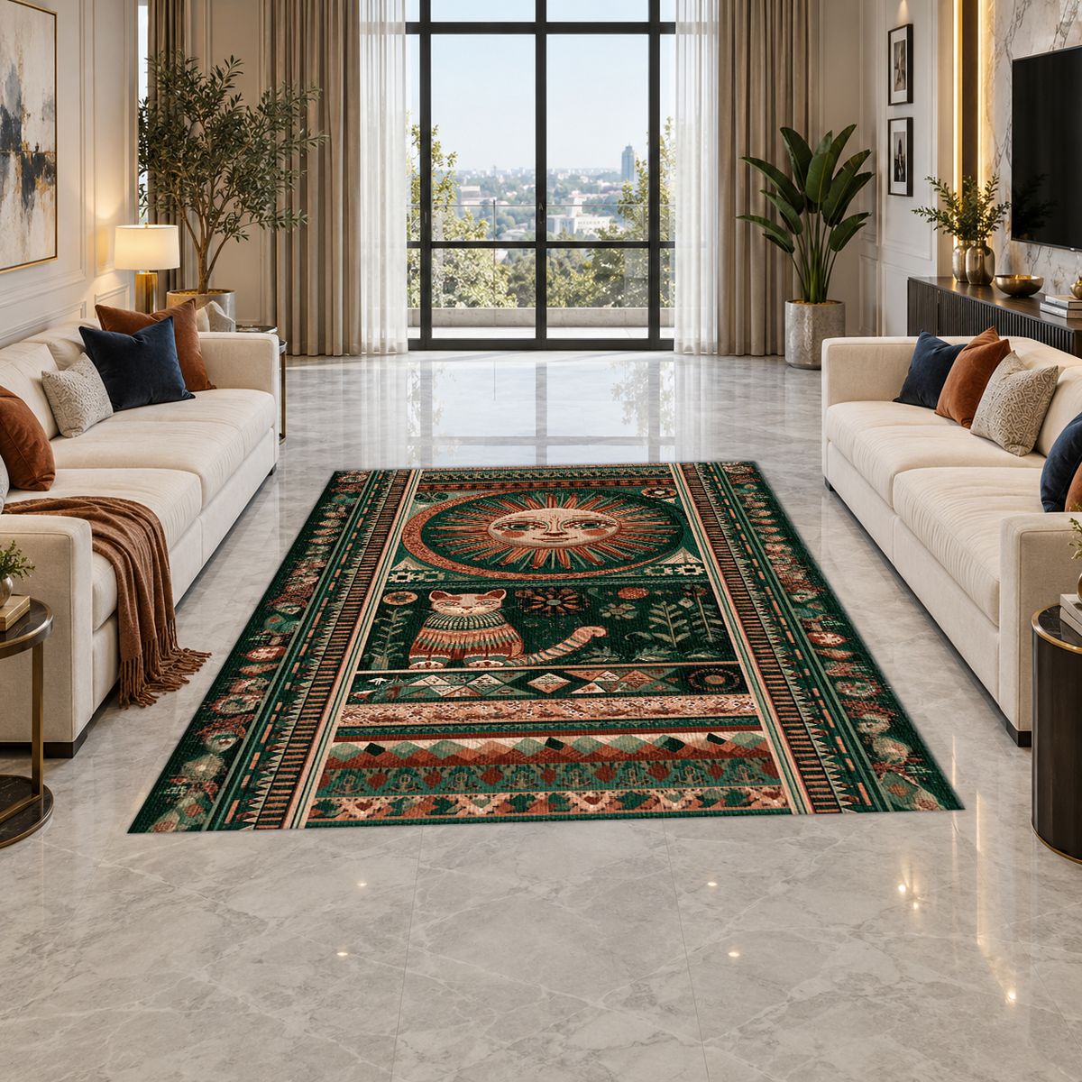 Folk Sun Face and Cat printed area rug