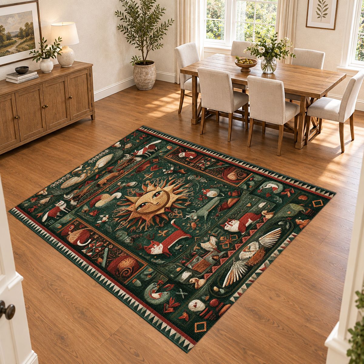 Celestial Sun Folk Art printed area rug