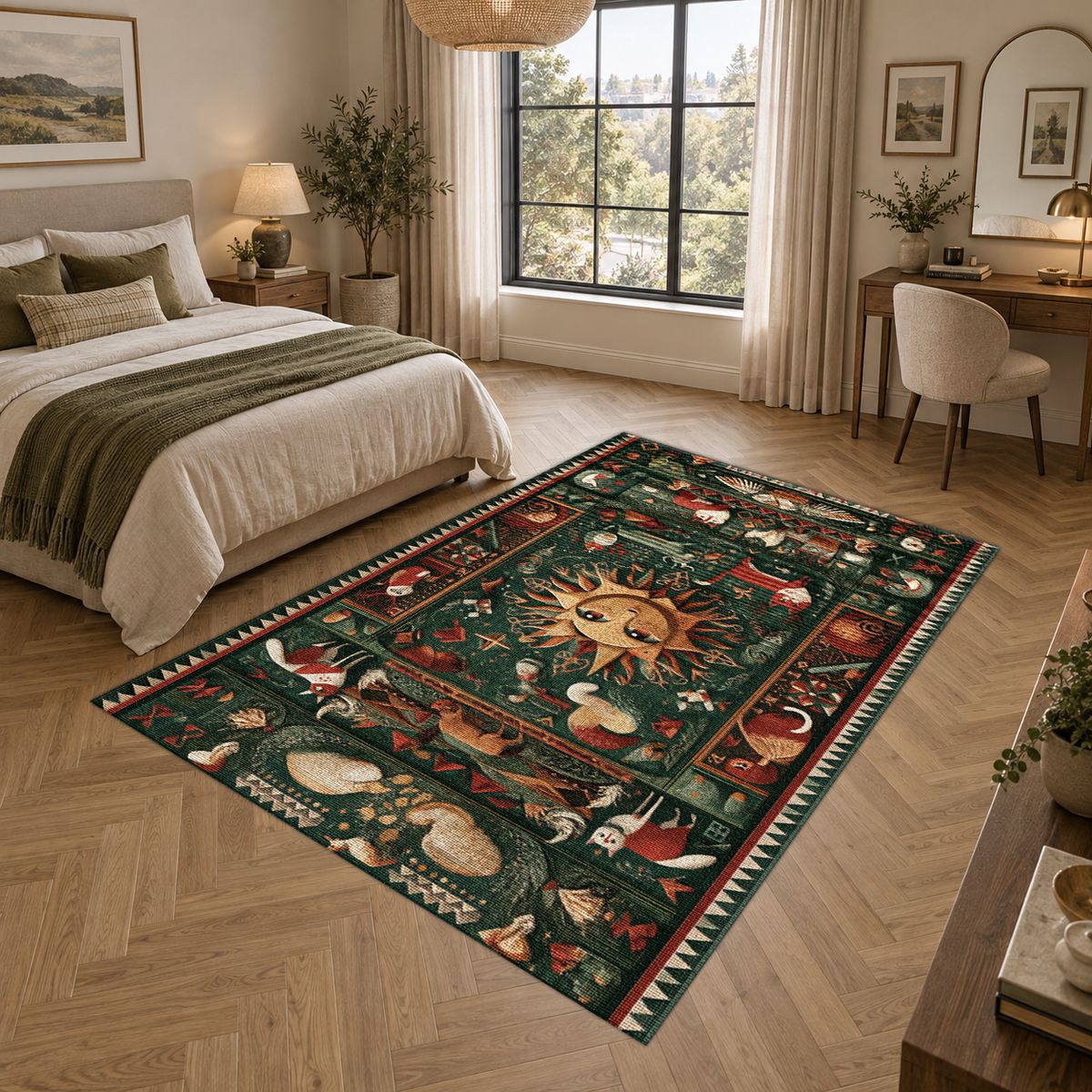 Celestial Sun Folk Art printed area rug