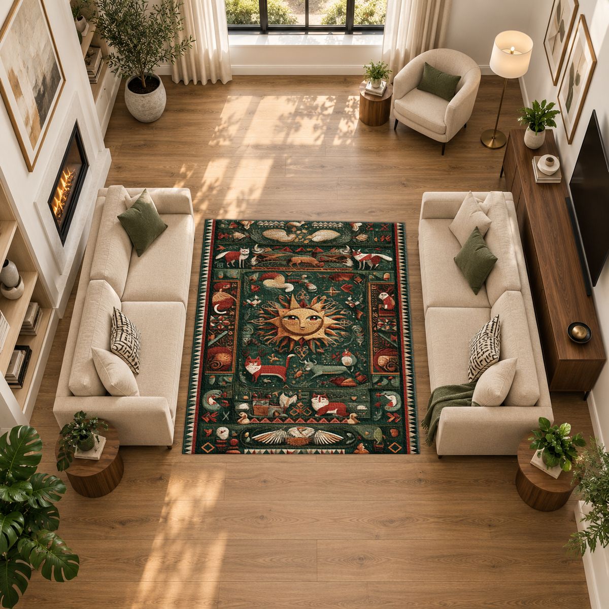 Celestial Sun Folk Art printed area rug
