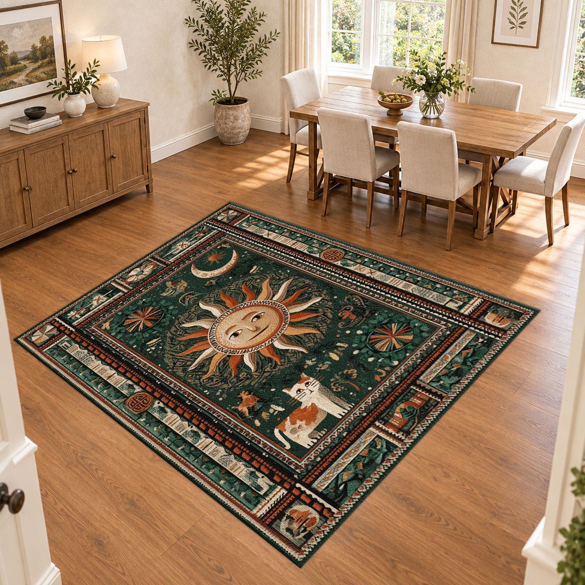 Mystic Sun and Moon Folk printed area rug
