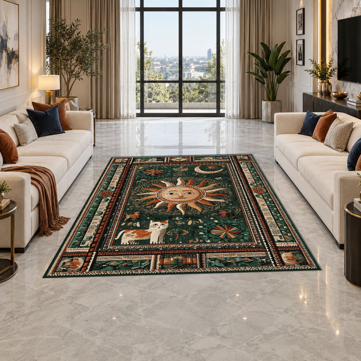 Mystic Sun and Moon Folk printed area rug