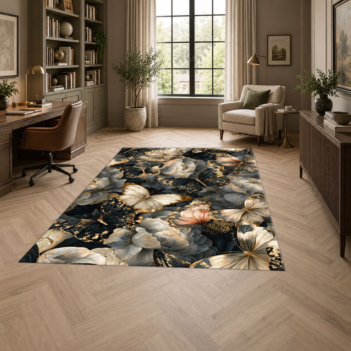 Butterflies and Dark Peonies printed area rug