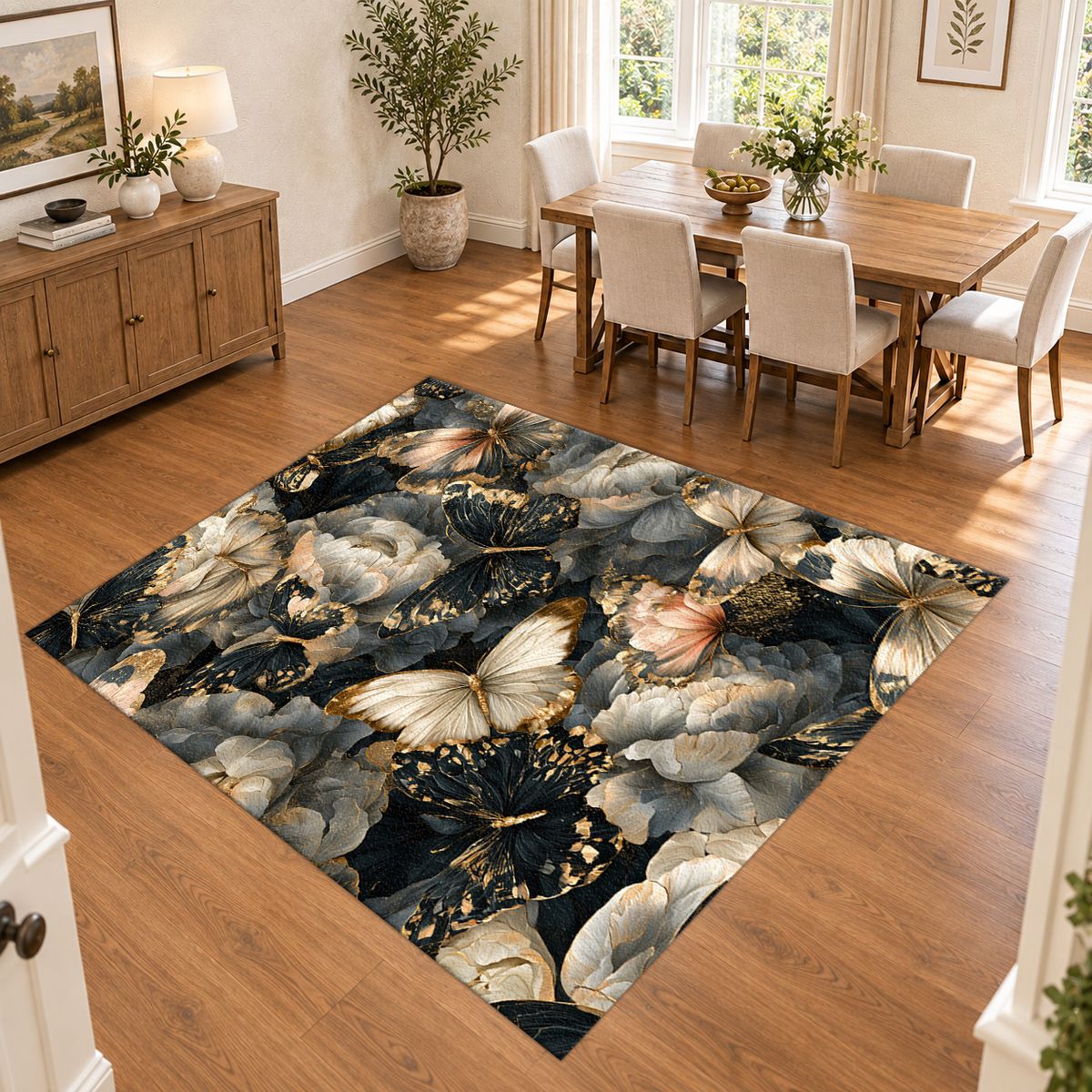 Butterflies and Dark Peonies printed area rug