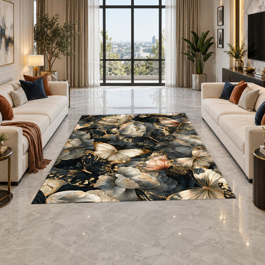 Butterflies and Dark Peonies printed area rug