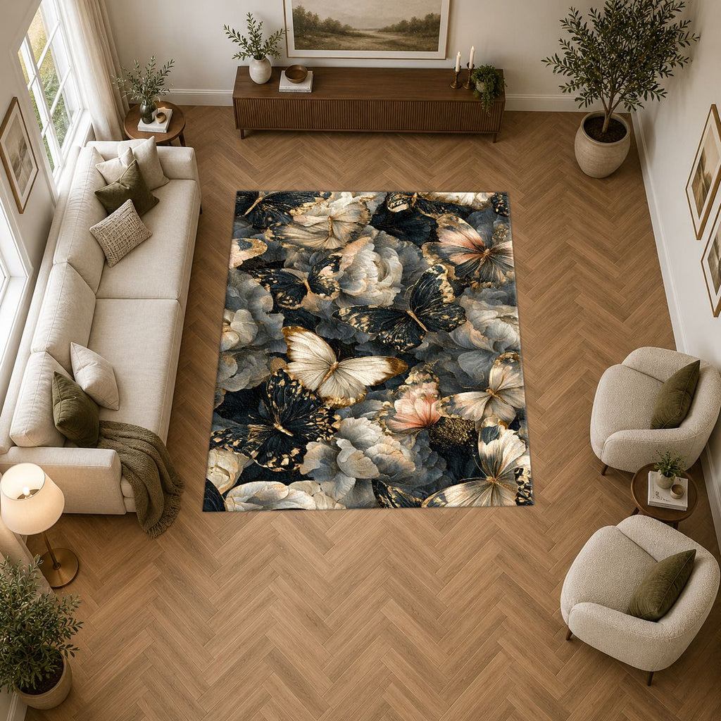 Butterflies and Dark Peonies printed area rug