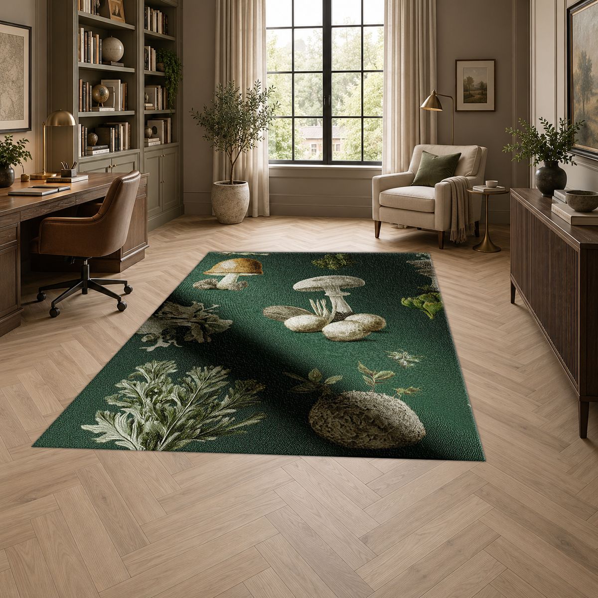 Forest Green Mushroom Botanical printed area rug