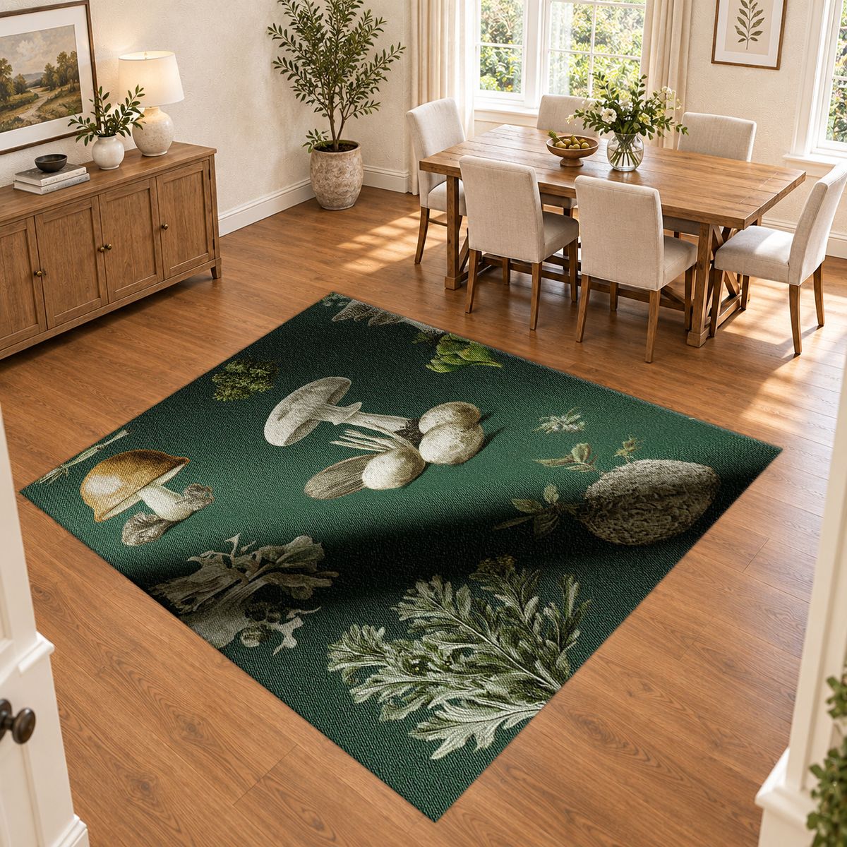 Forest Green Mushroom Botanical printed area rug