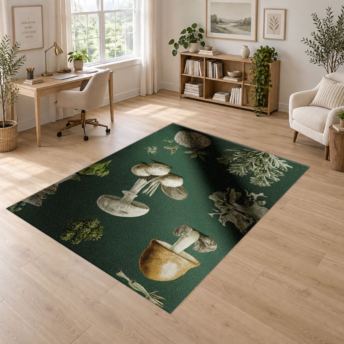 Forest Green Mushroom Botanical printed area rug