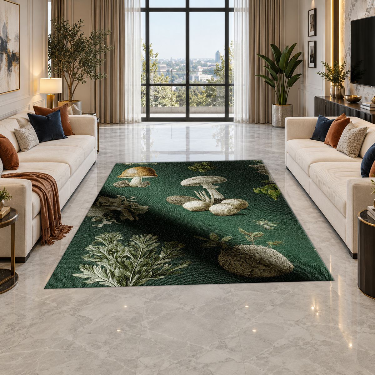 Forest Green Mushroom Botanical printed area rug