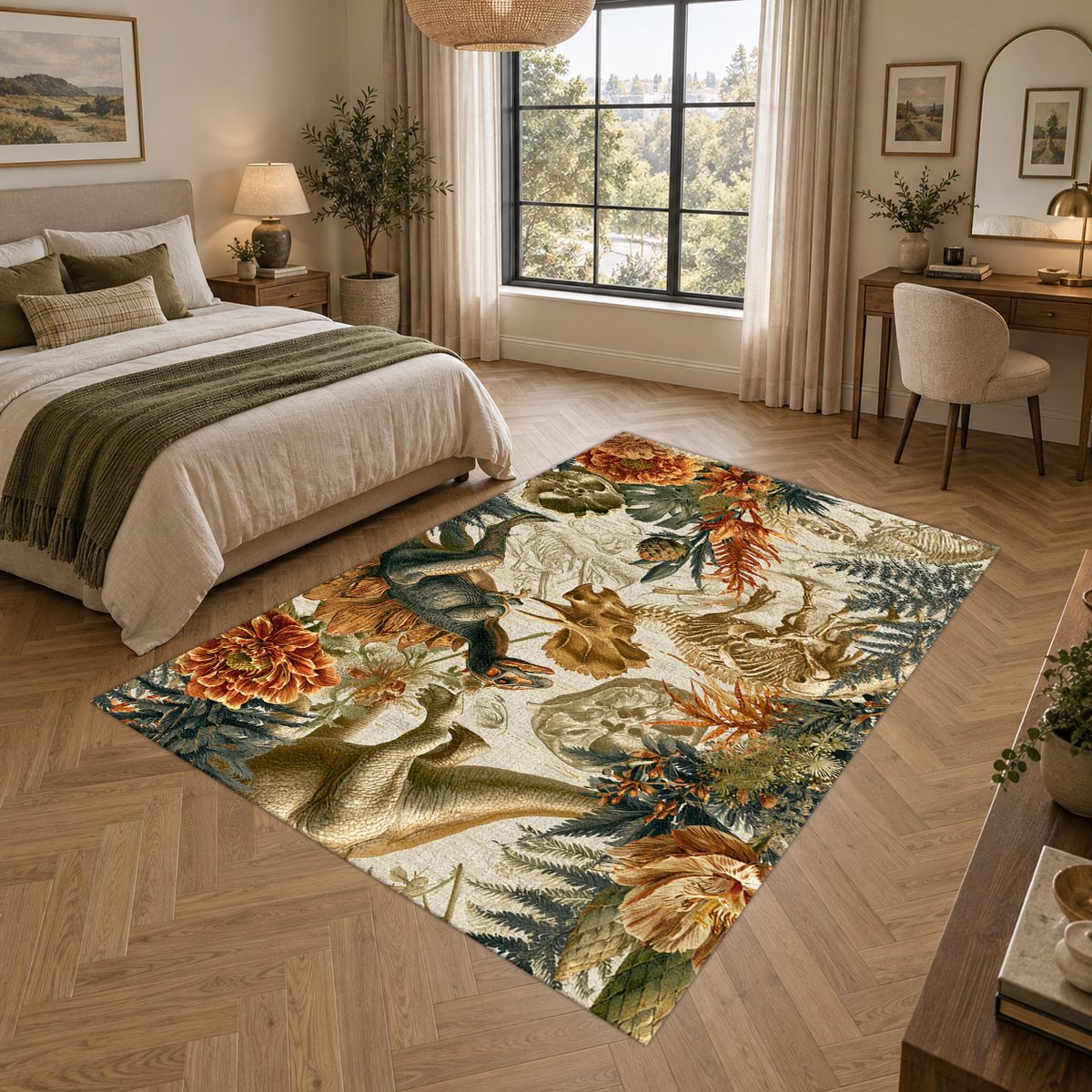 Dinosaur Fossil Botanical printed area rug