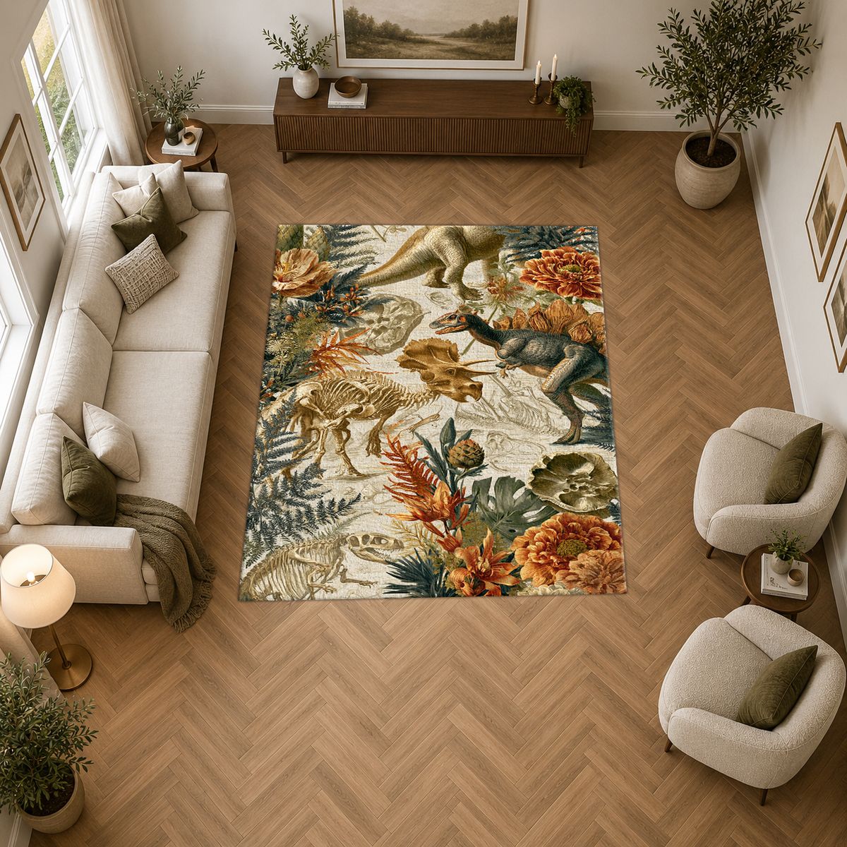Dinosaur Fossil Botanical printed area rug